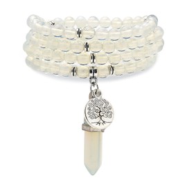 Tree of Life Charm, 108 Natural Mala Beads Bracelet Spiritual Necklace with Reiki Quartz Hexagonal Prism Pendant, Stone, No Gemstone