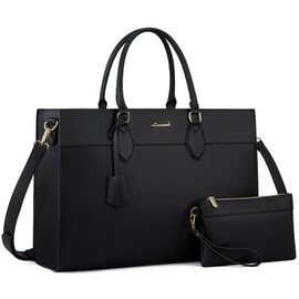 LOVEVOOK Laptop Bag for Women, 17.3 inch Leather Tote Bag Work Business Office Bag Waterproof Briefcase Computer Handbag Shoulder, Black-Brown