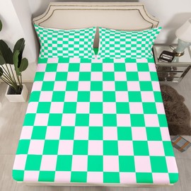 Juego de sábanas de cuadros geométricos para niños, tamaño individual, cuadros abstractos, tablero de ajedrez para niños y niñas, juego de sábanas moderno de celosía rosa y verde, 3 piezas (ajustado +