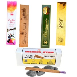 Naisha Incense Sticks Pack of 4 (50 Gm Each) Calming & Relaxing Gift for Aromatherapy, Yoga & Meditation, Saffron Mysore Sandal, Mystic HeenAmber, Yogi, Radha Flora (Sweet Senses)