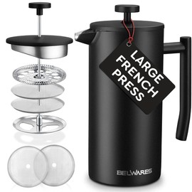 Large Insulated French Press Coffee Maker, Matte-Black Stainless Steel 50oz