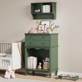 FansaFurn 2 Drawer Dresser with Wall Mount Shelves, Dresser Chest of Drawer for Bedroom, Multifunctional Tall Dresser, Wood Storage Chest of Drawers Storage Cabinet for Living Room, Entryway, Green