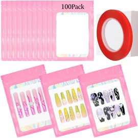 100PCS Empty Solid Pink Holographic Nail Storage Bag Press on Nail Packaging Bag and 100PCS Shiny white cardboard Nail Tips Packaging Bags with 1 Roll Transparent Tape