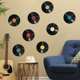 USHOBE 8pcs Vintage Vinyl Records Decors 1950s Rock and Roll Party Decorations Fake Cd Wall Art Sticker Musical Notes Party Favors