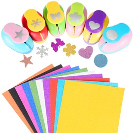 6 Pack Paper Craft Holes Punch Set 1 inch Kids Paper Puncher Hole Scrapbook Punches with 10 Glitter Sticker Paper, Heart Star Circle Shape for Kindergarten Teacher Office Supplies Random Color (16 Pieces)