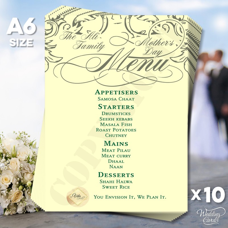 10 x Wedding Menu Party Menu Table Cards A6