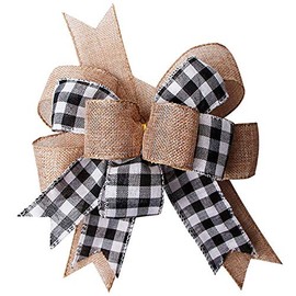 Black White Buffalo Plaid Burlap Wreath Bow Double Layed Gift Bows Wreath Bow Wall Ornaments Christmas Tree Topper Bows for Holiday Home Front Door Decorations, 12 x 9.4 inch