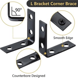Heavy Duty Corner Brackets, 2 x 2 Inch L Shape, Black Steel, Set of 4 with Screws