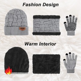 3-Pieces Winter Beanie Hat Scarf and Touch Screen Gloves Set Warm Knit Skull Cap for Men Women, Light Grey(Hat Scarf Gloves)