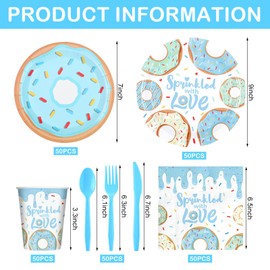 Sieral 350 Pcs Donut Baby Sprinkle Decorations for Boys Girls Donut Sprinkled Baby Shower Party Supplies, Plate, Napkin, Cup, Cutlery, birthday Decorations, 50 Guests(Blue)
