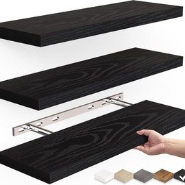 Set of 3 Floating Wall Shelves in Black - Rustic Wood Shelves for Bathroom, Bedroom, Living Room, and Kitchen. Wooden - Color: Black