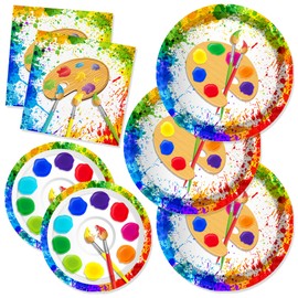 CC HOME Watercolor Painting Birthday Paper Plates Napkins Artistic Painting Disposable Tableware Set Party Supplies Art Draw Theme Dinnerware Serves 24 Guests for Audlts Kids Baby Shower 88PCS