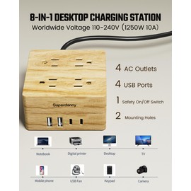 USB Power Strip Surge Protector - SUPERDANNY Desktop Extension Cord with 4 Widely Spaced Outlets & 4 Smart USB Ports, Portable Charging Station for Home, Office, Hotel, Dorm, RV, Faux Wood Grain
