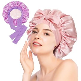 2 Piezas Gorro de Seda para Dormir, Gorro de Satin para Dormir Ajustable, Capos Grandes de Seda Satinada para Dormir con Correa de Corbata (Rosa + Morado)