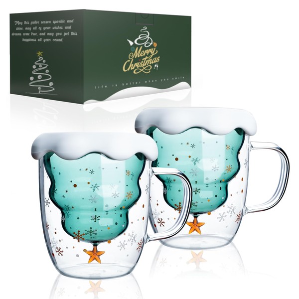 LIBWYS 2x300ml Double Walled Christmas Glasses Mugs, Christmas Tree Cappuccino Latte Tea Cups with Handle, Heat Resistant Coffee Cup Milk Drinking Glasses