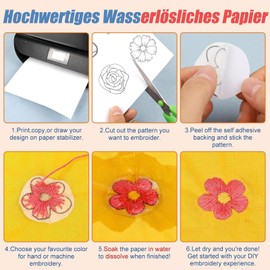 Lyxhag 4 fogli stabilizzanti solubili in acqua – fiori prestampati, arbusti in fiore e foglie disegni – Stick & Stitch carta da ricamo per gli amanti del cucito a mano
