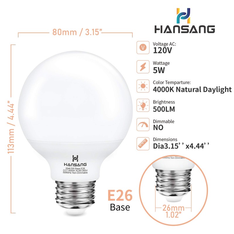 G25 LED Light Bulbs Uniform Lighting Vanity Light Globe Bulbs,Hansang