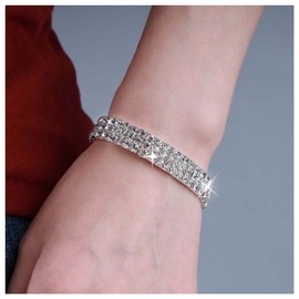 Allereya Vintage Layered Rhinestone Tennis Bracelet Elastic Crystal Bracelet Silver Stretch CZ Bracelet Crystal Bridal CZ Bracelet Jewellery for Women and Girls (double), Stainless steel or zinc alloy