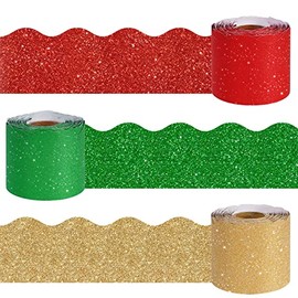 Whaline 196.9Ft Christmas Glitter Bulletin Board Borders 3 Rolls Red Green Gold Shine Die-Cut Bulletin Board Strips Xmas Rolled Bulletin Board Trim for School Classroom Office Chalkboard Decoration