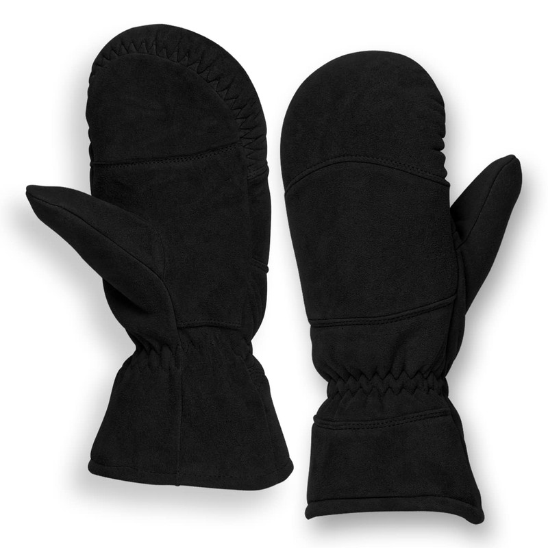 AMERICAN FUR Deerskin Suede Mittens - Black Insulated (Medium)