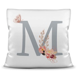 PR Print Royal Cushion with Initial Letter Including Cushion Filling - Letter M in Grey - Personal Gift / Decoration for Living Room Bedroom / Letter Cushion Monogram
