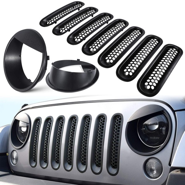 E-cowlboy Front Grille Mesh Inserts & Headlight Cover for 2007-2017 Jeep Wrangler JK JKU Unlimited Sport Rubicon Sahara Clip-in Grille Cover Guard Angry Bird Headlight Bezels Trim (Matte Black)