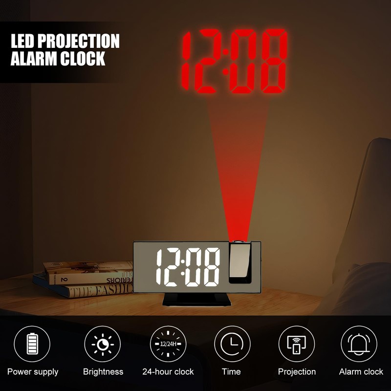Lichamp Projection Alarm Clocks Bedside,180° Rotatable Projector Mirrorautomatic Brightness,LED Digital