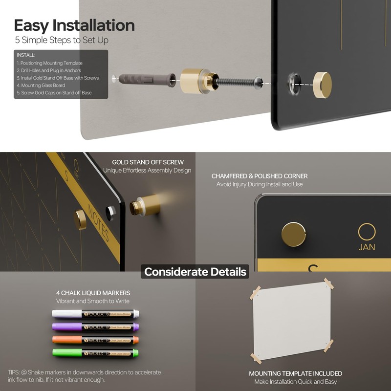 Black Glass Golden Monthly Dry Erase Calendar Whiteboard for Wall,