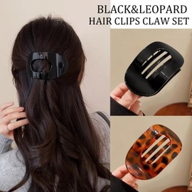 4 Pcs Flat Hair Clips Flat Claw Clips For Women, Black Leopard Strong Hold Hair Barrettes for Thick and Thin Hair Comfortable Curved Clips