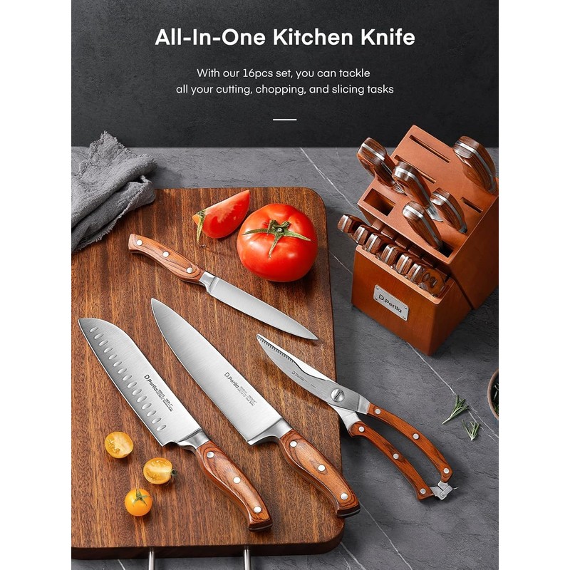 Knife Set with Block, 16 Pcs Stainless Steel Kitchen Knife