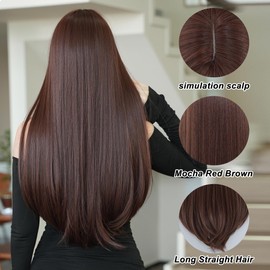 TRUMOST Auburn Wig with Bangs Long Straight Reddish Brown Synthetic Wig for Women Natural Looking Heat Resistant Fiber Hair Wig for Daily Party Use 28 Inch