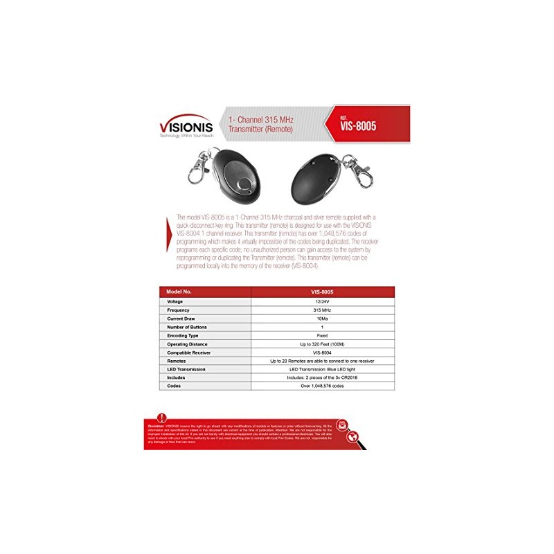 Visionis VIS-8005 12V 1CH 1 Button RF Wireless Remote Control