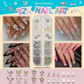 EARLMONI Nail Rhinestones , AB Crystal Nail Gems Flat Back Nail Rhinestones with Nail Pearls Star Heart Bows FLower Nail Charms and Rhinestone Picker Tools for Kwaii Y2K Nail Art Decor - 3 Boxes