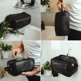 Baur Genuine Leather Toiletry Bag with Lots of Space for Men and Women Leather Toiletry Bag, Black cowhide, leather toilet bag