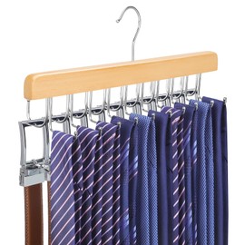 TOPIA HANGER 2 in 1 Belt Tie Hanger for Closet Max 30 Belts with 30 Ties Capacity, 20 Hooks Belt Tie Racks Wooden Hanger for Closet Organizer Storage Space Saving “U” Fit Belt and “一” Fit Tie - CT47N