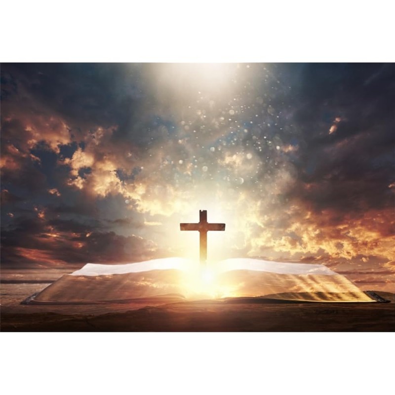 ZARROUEA 7x5ft Jesus Christ Cross Backdrop Opened Holy Bible Book