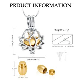 VCCWYQK Cremation Jewellery for Ashes - Lotus Flower Ash Pendant Necklace with Mini Keepsake Urn Memorial Ash Jewellery, Stainless Steel, No Gemstone