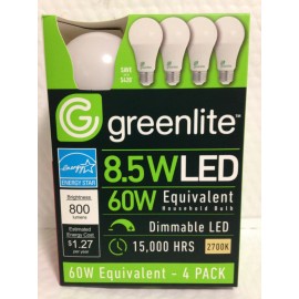 Greenlite 8.5W LED 60W Equivalent, Dimmable, 2700K, 4 Pack, 15,000 Hours 800 Lum