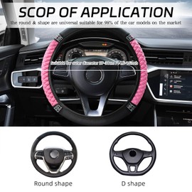 Bling Car Steering Wheel Cover with Rhinestones, 15Inch Sparkly Crystal Diamond Steering Wheel Cover for Women, Elastic Anti-slip, PU Leather Auto Steering Wheel Protector Cover, Pink