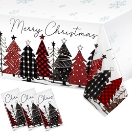 WovWeave 3 Pack Buffalo Plaid Christmas Tree Tablecloth Merry Christmas Snowflakes Plastic Table Cover Disposable Xmas Table Cloth for Picnic, Camping, Holiday Table Decor, 54 x 108inch