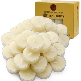 TELOSMA 36 Count Pure Beeswax tealight Candles Bulk - Natural Scent Organic and Smokeless - Off White