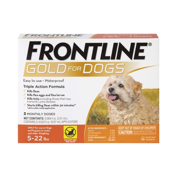 Frontline Gold Flea & Tick Treatment for Small Dogs Up to 5 to 22 lbs., Pack of 3