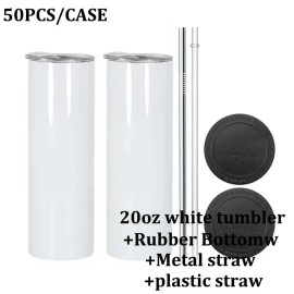 US  20oz Stainless Steel Tumbler Custom Color Printed Sublimation Blanks 20oz Tumbler 20oz Tumblerscolor: White, capacity: 50pcs a case+Rubber Bottomw+Metal straw