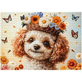 Dog Puzzles for Adults 1000 Pieces, PICKFORU Vintage Wildflowers Jigsaw Puzzles Butterfly Bee, Spring Floral Garden Puzzle for Plant Lover, Impossible Challenging Cute Animals Theme as Home Decor