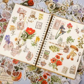 Dunzoom Paquete de suministros vintage para álbumes de recortes para diarios de chatarra 270 piezas de pegatinas de papel 20 rollos de cinta Washi vintage para estética DIY artes y manualidades diario