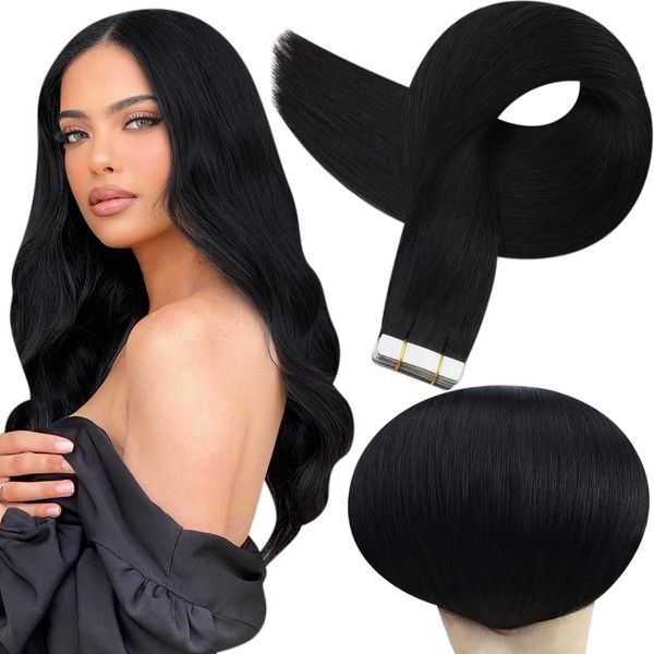 Full Shine Tape in Hair Extensions Human Hair 10 Inch Remy Tape in Hair Extensions for Women 30 Gram 20 Pieces Color 1 Jet Black Hair Extensions Human Hair Seamless Tape in Extensions