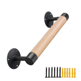 Purife 1ft Wood Handrail for Indoor Stairs, Wood Staircase Handrail W/s Black Sturdy Metal Brackets, Stair Banister Railing Wooden Safety Grab Bar for Elderly & Kids