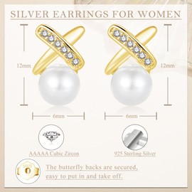 Glintara Silver Pearl Earrings Studs, Pearl Stud Earrings with Cross, 925 Sterling Silver Stud Earring, Hypoallergenic Ear Studs Zirconia, Sleeping Women’s Earring, Ear Jewelry Gift for Girlfriend Mom