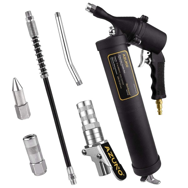 AZUNO Pneumatic Grease Gun, Heavy Duty 6000 PSI Air Compressor Grease Guns with Flex Hose, Metal Extension, Professional Coupler and Sharp Nozzle
