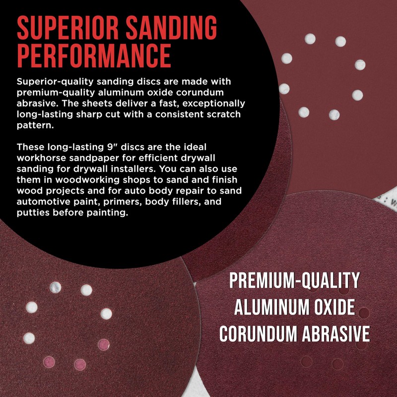 ProductionShop Premium 9" Red 8-Hole Pattern 60 Grit Sanding Discs,